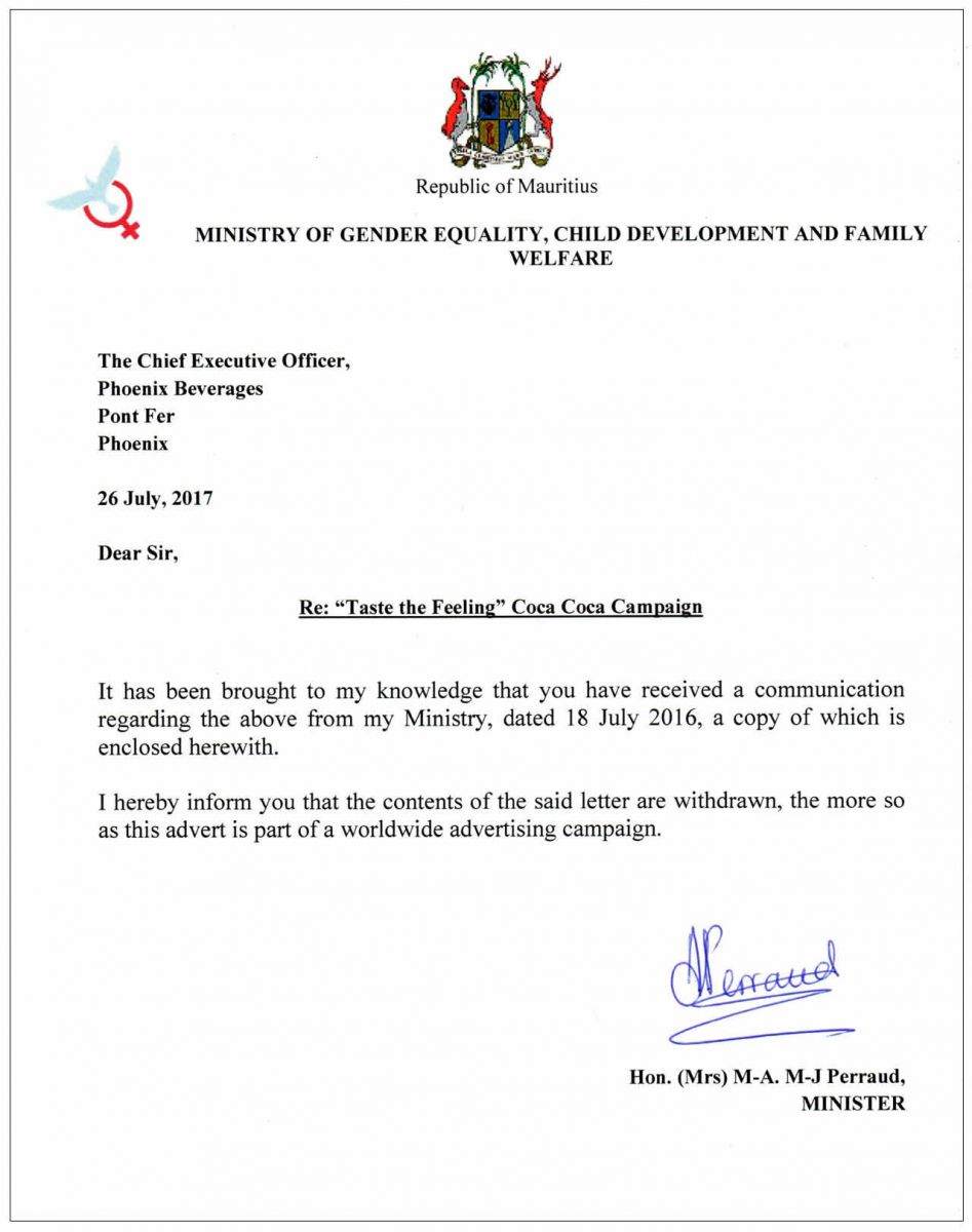 Copie de la lettre envoyée par le ministère de l’Égalité des genres au CEO de Phœnix Beverages.
