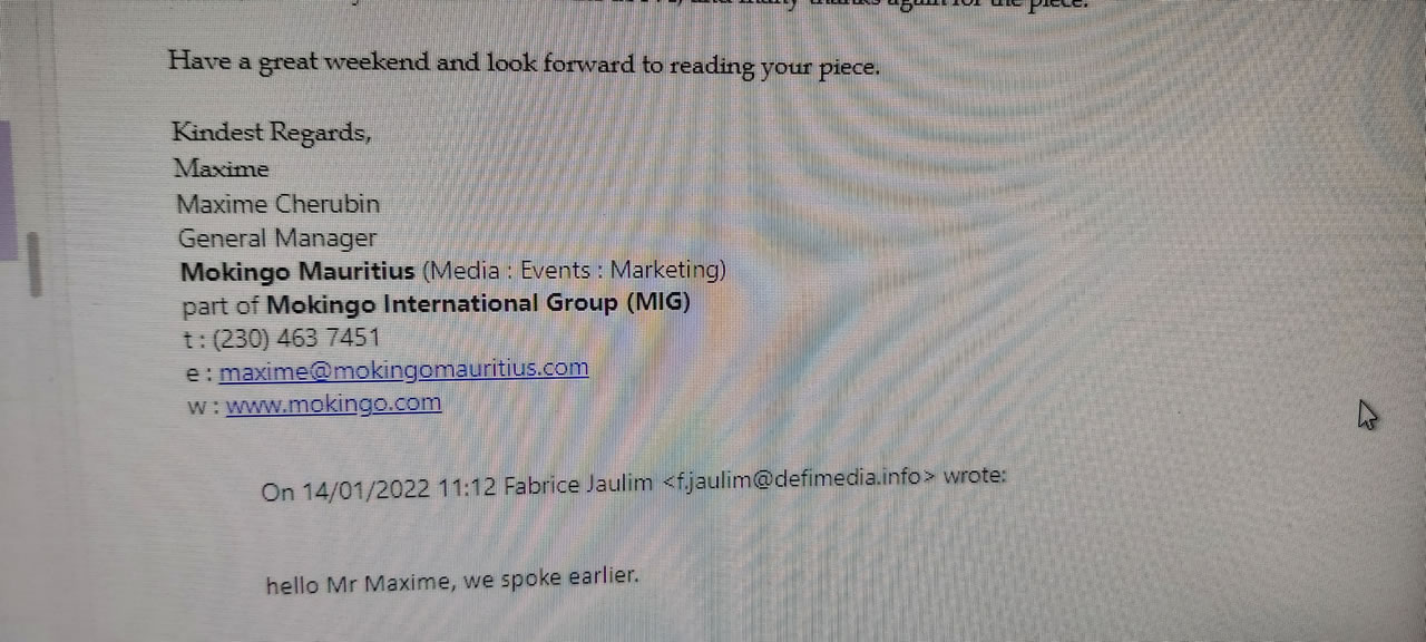 Capture d’écran d’un courriel de Maxime Chérubin portant sa signature, l’intitulé de son poste de General Manager et son adresse mail professionnelle.
