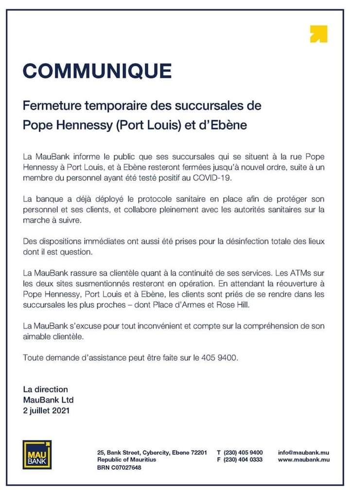  MauBank de Pope-Hennessy (Port-Louis) et Ébène fermées jusqu’à nouvel ordre