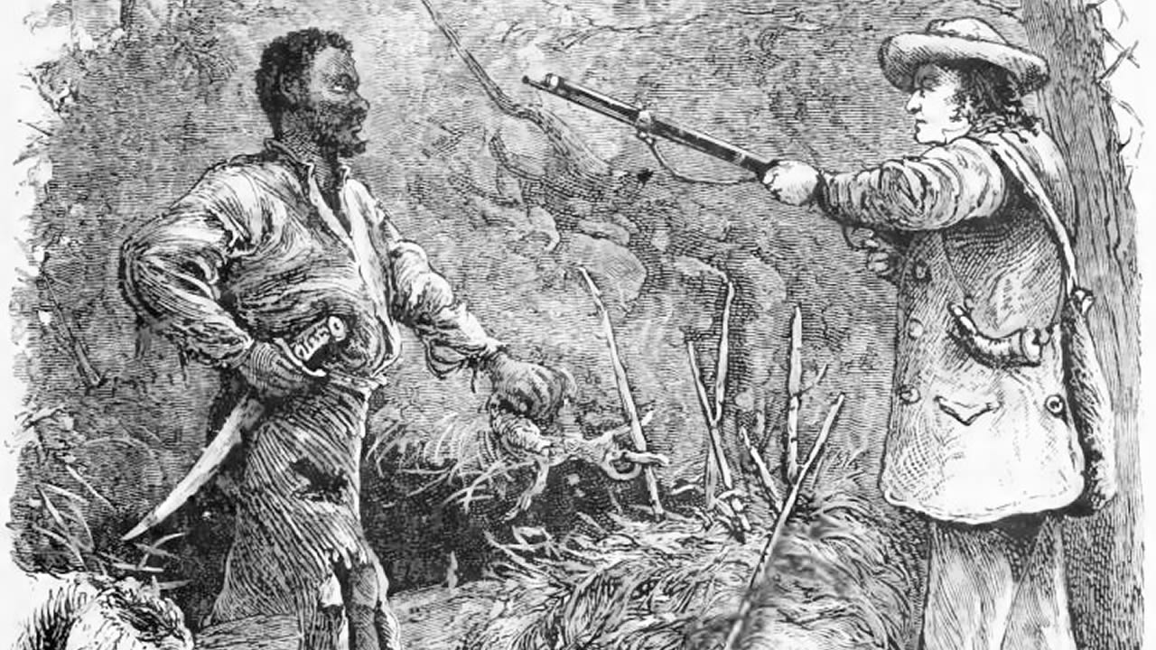 Capture d’un Marron par un chasseur d’esclaves en fuite.
