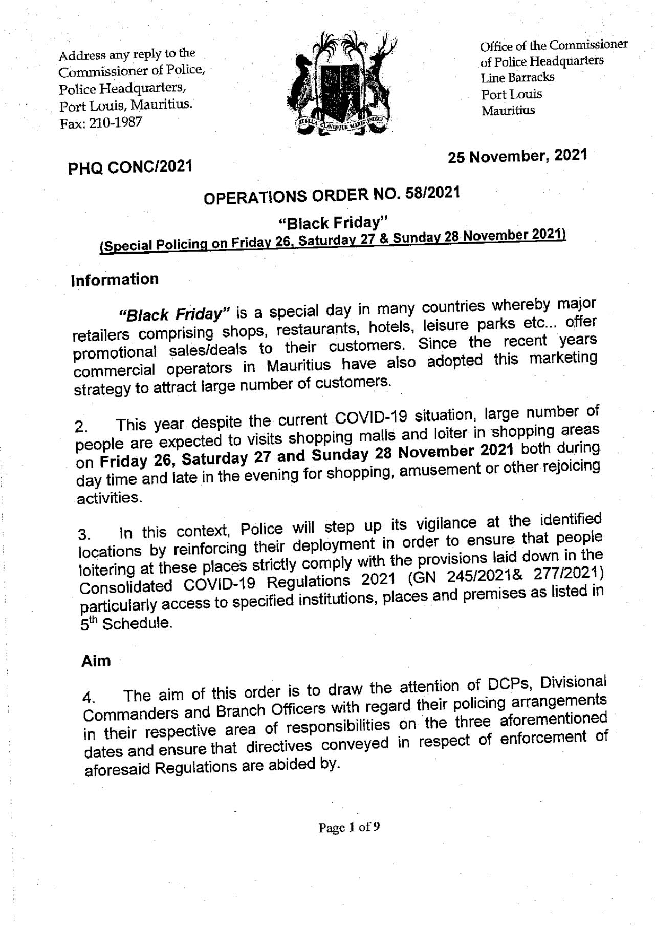 Operation Order No 58-2021 Black  friday Special Policing on 26-27& 28 Nov 2021