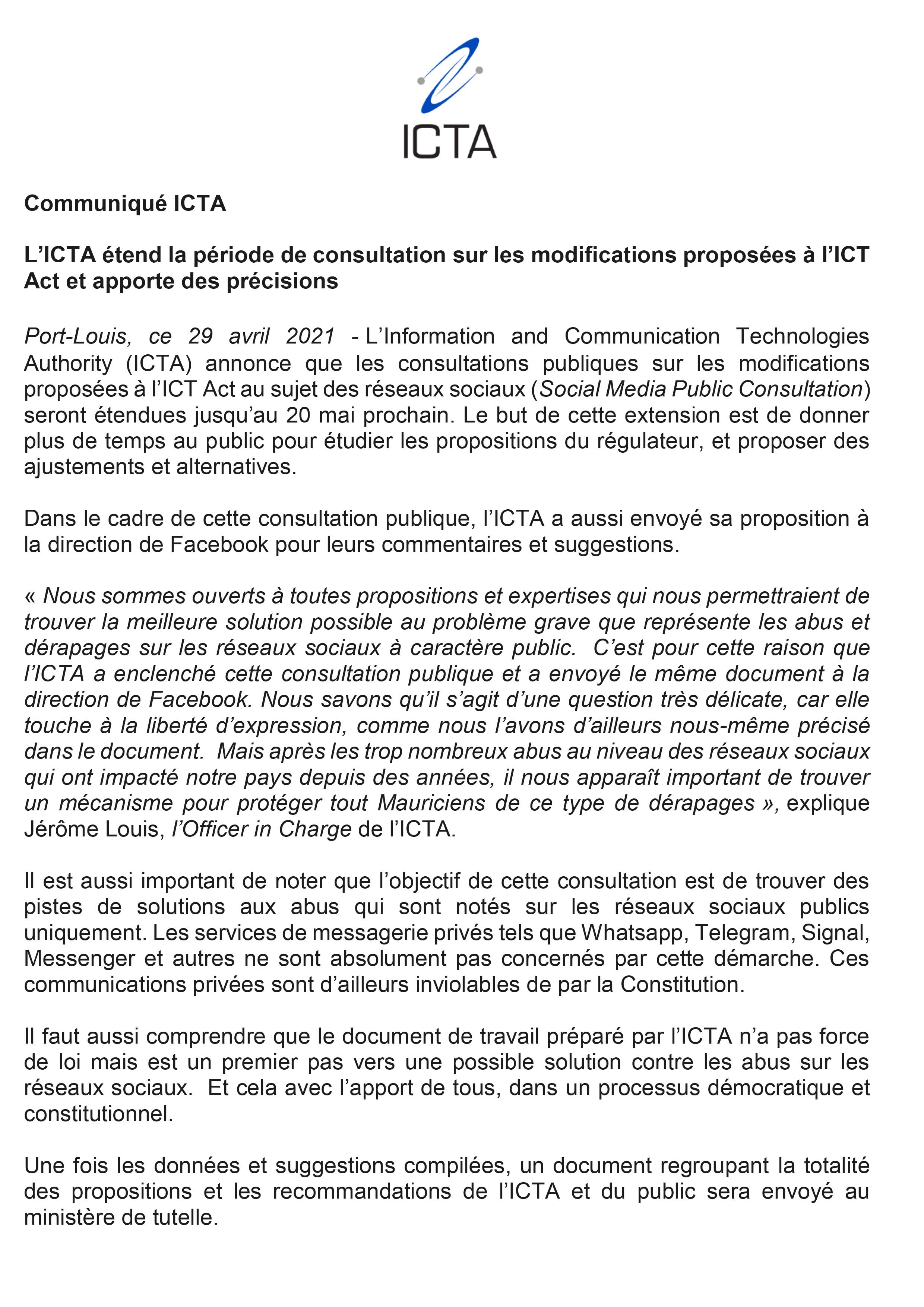 Communiqué de presse - L’ICTA étend la période de consultation