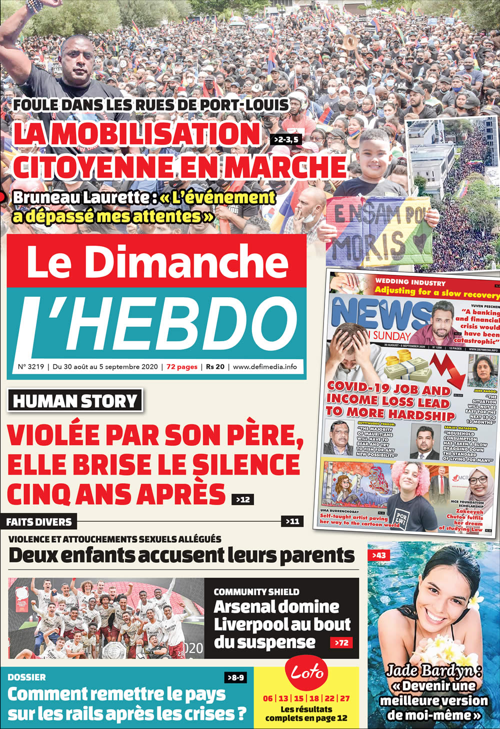 Voici la Une de Le Dimanche/L'Hebdo de ce dimanche 30 aout 2020