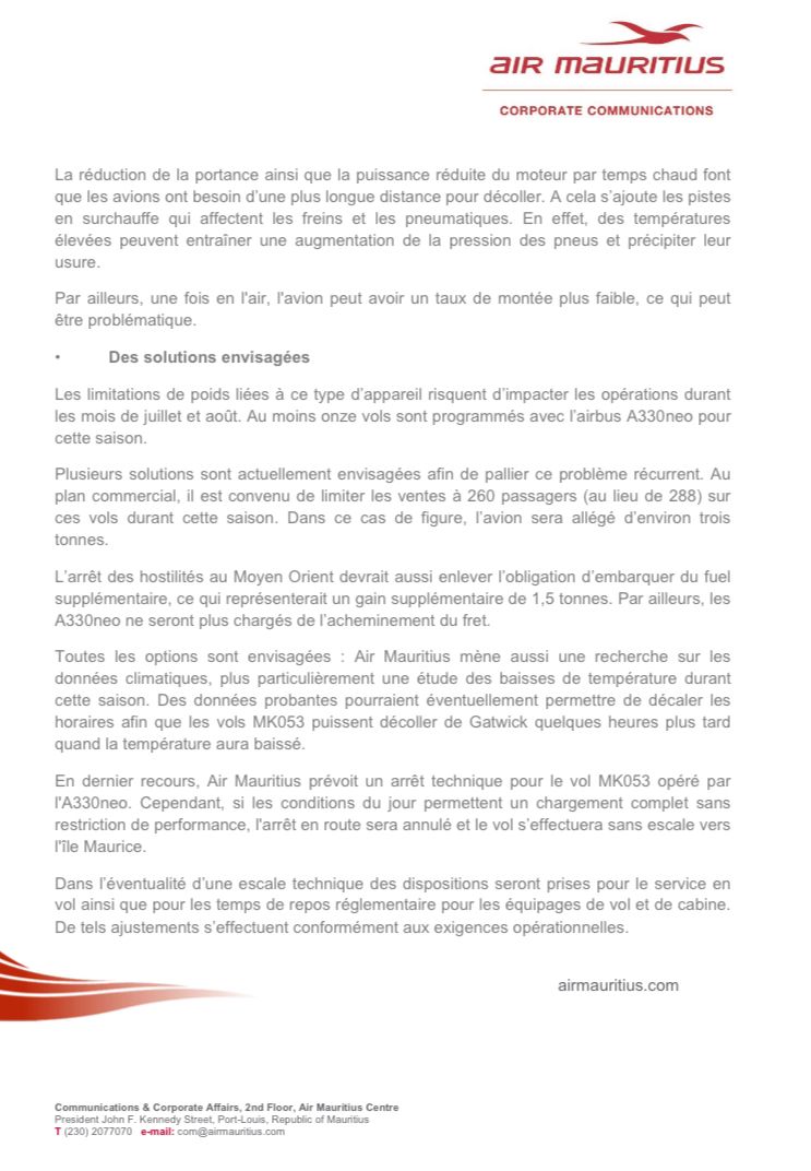 Communiqué Air Mauritius 2