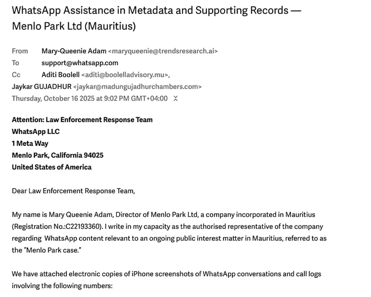 L’email qu’a envoyé Mary-Queenie Adam à WhatsApp.