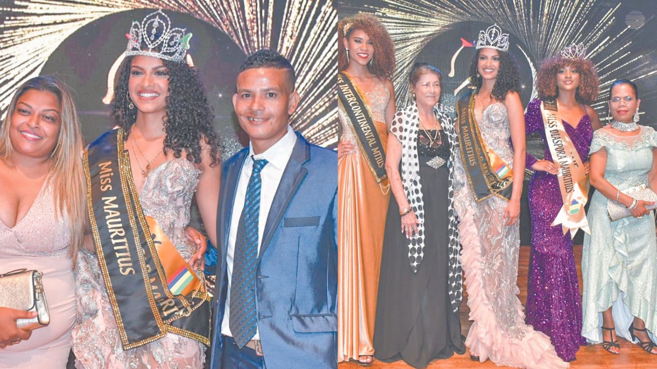La Miss World Mauritius en compagnie de ses parents. Enza Bonhomme, Primerose Obeegadoo, Kimberly Joseph, Oceane Veeren et l’une des membres du comité de Miss Diaspora.