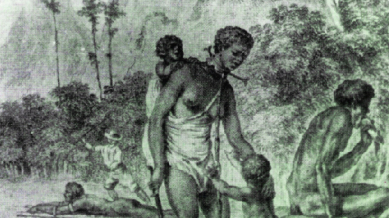 Une femme esclave avec un enfant, punie pour marronnage dans les années 1770.