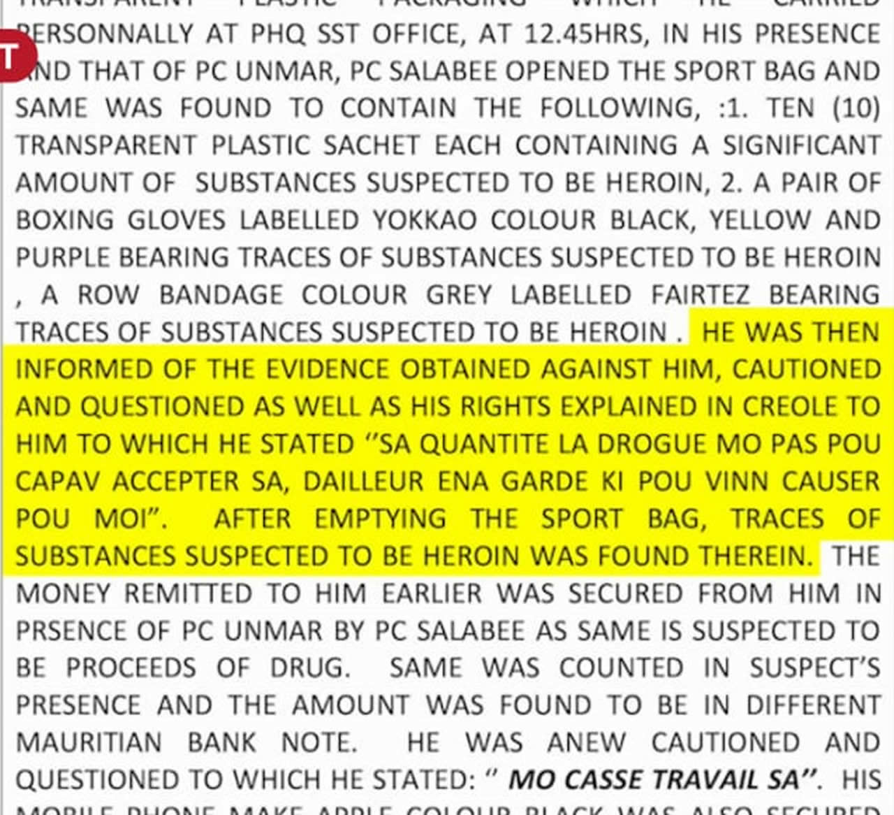 L’extrait du rapport de l’ancienne équipe de la SST affirmant que Vimen Sabapati avait contesté à l’époque le contenu trouvé dans son sac