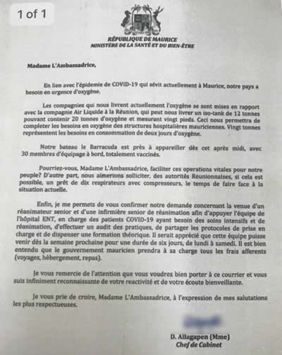 La lettre de demande d’oxygène et de respirateurs artificiels faite auprès de l’ambassadrice de France à Maurice.