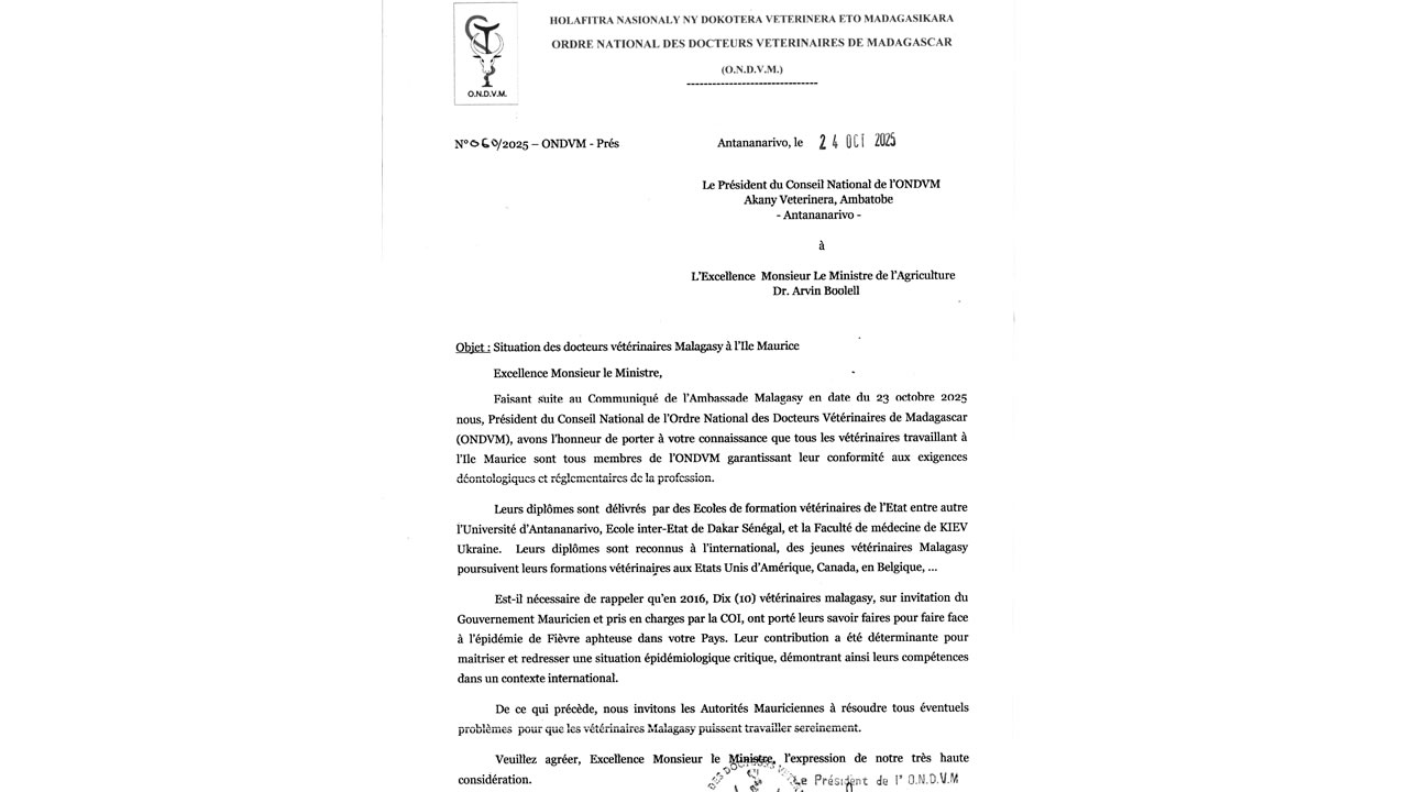 La lettre des vétérinaires  malgaches.
