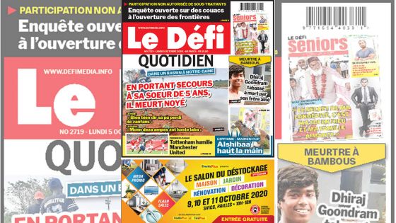 Voici la Une du Défi Quotidien de ce Lundi 05 Octobre 2020