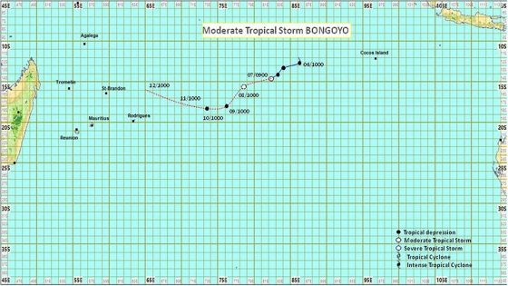 Météo : la tempête tropicale modérée Bongoyo très loin de Maurice ; du beau temps ce soir et demain matin 