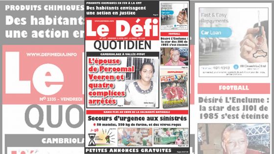 Voici la Une du Defi Quotidien de ce Vendredi 12 Avril 2019