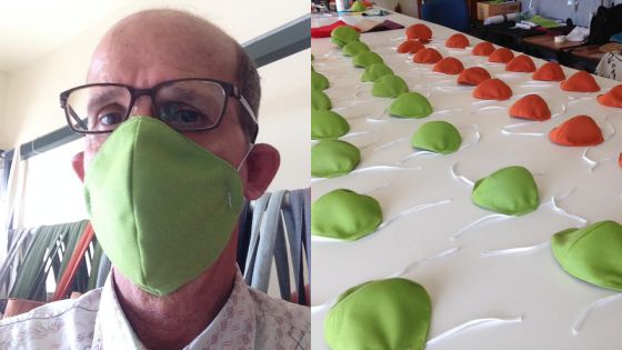 Il fabrique des masques avec du tissu de parasol de plage
