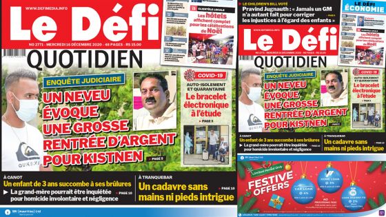 Voici la Une du Défi Quotidien de ce mercredi 16 décembre 2020