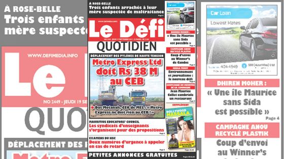 Voici la Une du Defi Quotidien de ce jeudi 19 septembre 2019