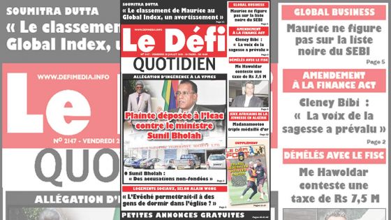 Voici la Une du Defi Quotidien de ce vendredi 20 juillet 2018