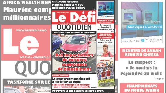 Voici la Une du Defi Quotidien de ce vendredi 21 Septembre 2018