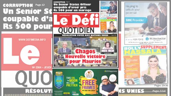 Voici la Une du Defi Quotidien de ce jeudi 23 mai 2019