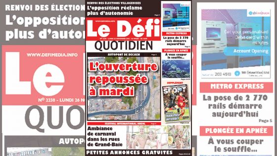 Voici la Une du Defi Quotidien de ce lundi 26 Novembre 2018