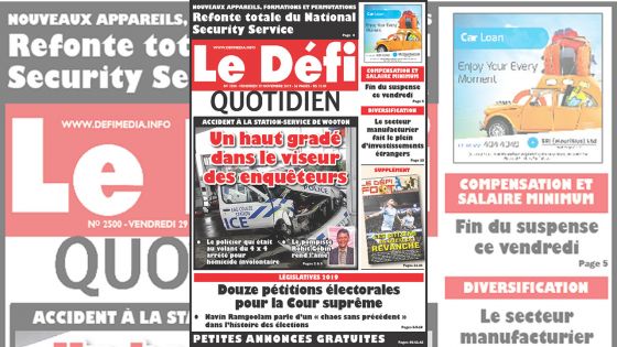 Voici la Une du Defi Quotidien de ce Vendredi 29 novembre 2019