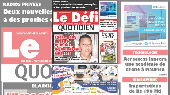 Voici la Une du Defi Quotidien de ce vendredi 30 Novembre 2018