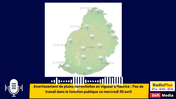 Avertissement de pluies torrentielles en vigueur à Maurice : Pas de travail dans la fonction publique ce mercredi 30 avril
