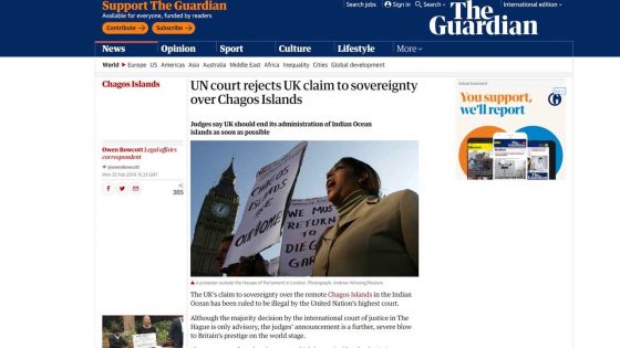 « UN court rejects UK claim to sovereignty over Chagos Islands» titre The Guardian 
