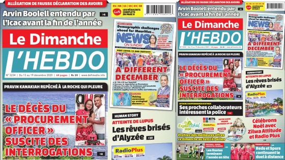 Voici la Une de Le Dimanche/L'Hebdo de ce dimanche 13 Decembre 2020