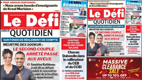 Voici la une du Défi Quotidien de ce Mercredi 27 Septembre 2023