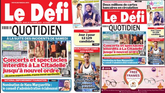 Voici la une du Défi Quotidien de ce Jeudi 26 Octobre 2023