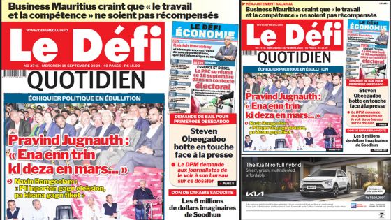 Voici la une du Défi Quotidien de ce Mercredi 18 Septembre 2024