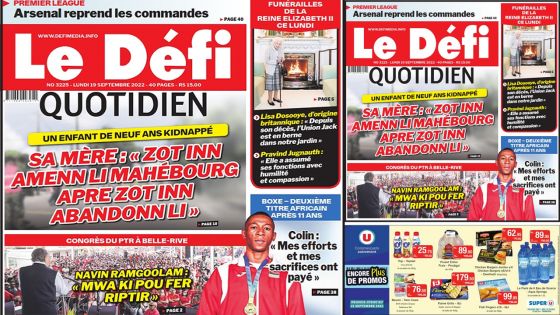 Voici la une du Défi Quotidien de ce lundi 19 Septembre 2022