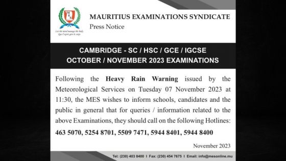 Avis de fortes pluies/examens SC, HSC, GCE et GCSE : trois hotlines à la disposition des candidats