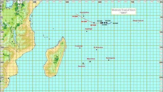 Météo : une tempête tropicale nommée Awo évolue au nord-est d’Agalega