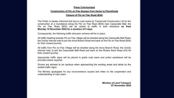 Travaux routiers à Flic-en-Flac : fermeture temporaire de la route B34 à partir du 10 novembre