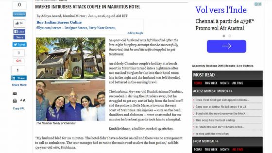 Selon le Mumbai Mirror : un couple indien «agressé» dans un hôtel à l’île Maurice