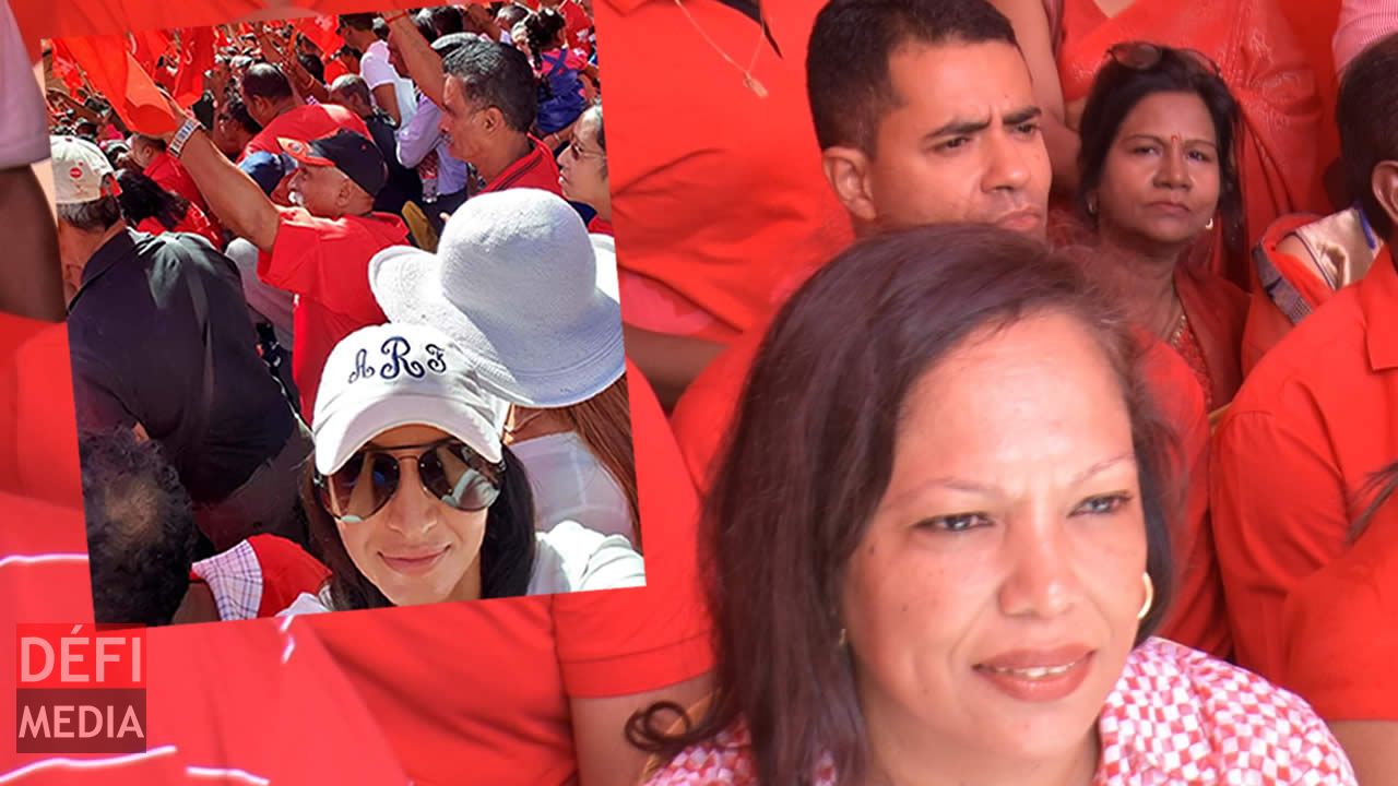 Fabrice David (en arrière plan), fils de James Burty David, était présent au meeting des Rouges. Il était assis parmi les membres du parti sur l’estrade. En médaillon, Adila Rawat qui a publié une photo d’elle dans la foule à Port-Louis, sur son compte Facebook