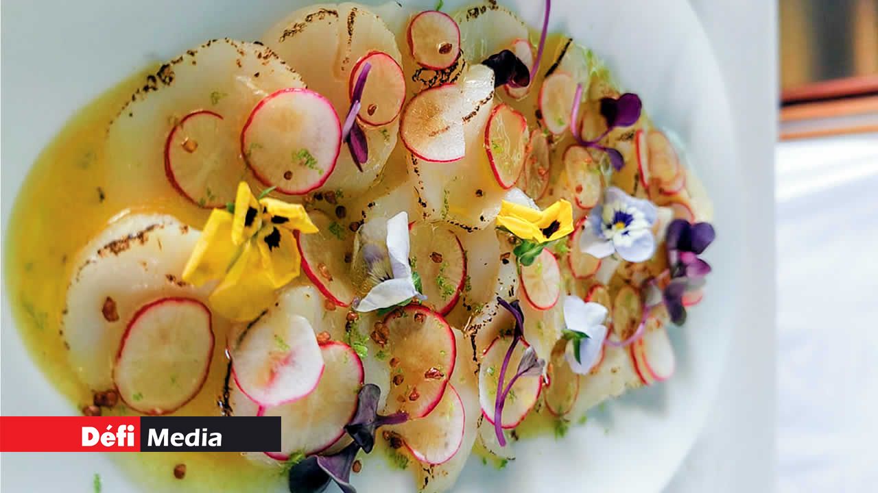 Pour terminer, assurez-vous que les Saint-Jacques sont bien enrobées de la marinade, puis décorez-les avec des rondelles de radis et de délicates fleurs.