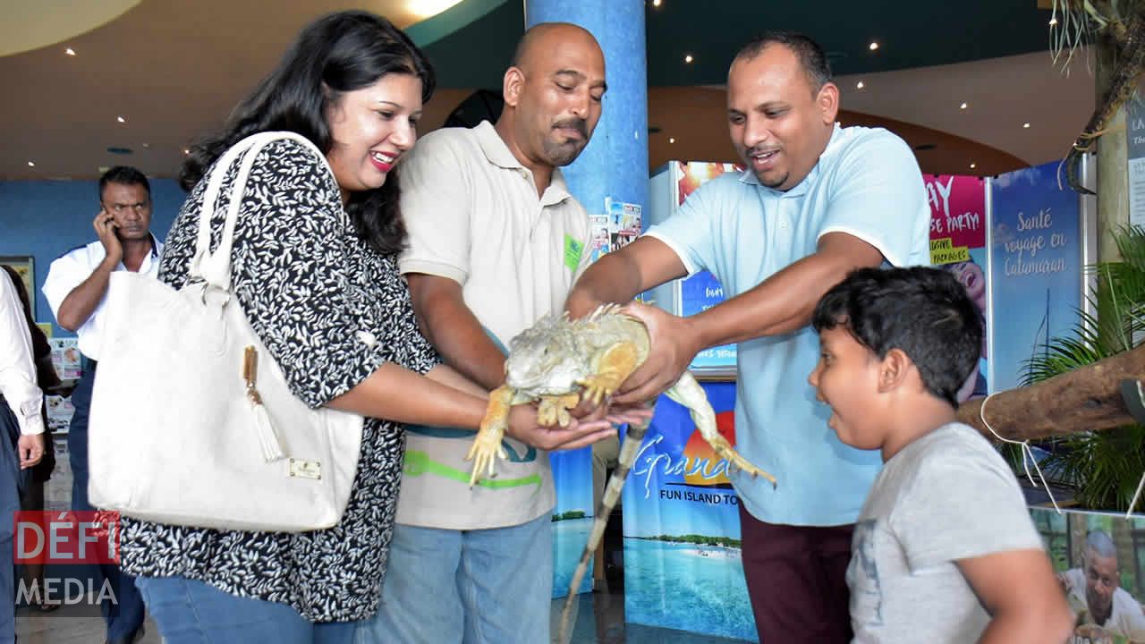 Les visiteurs ont pris la pause avec l’iguane de La Vanille Nature Park. 7e édition du Salon de la Famille et de la Santé