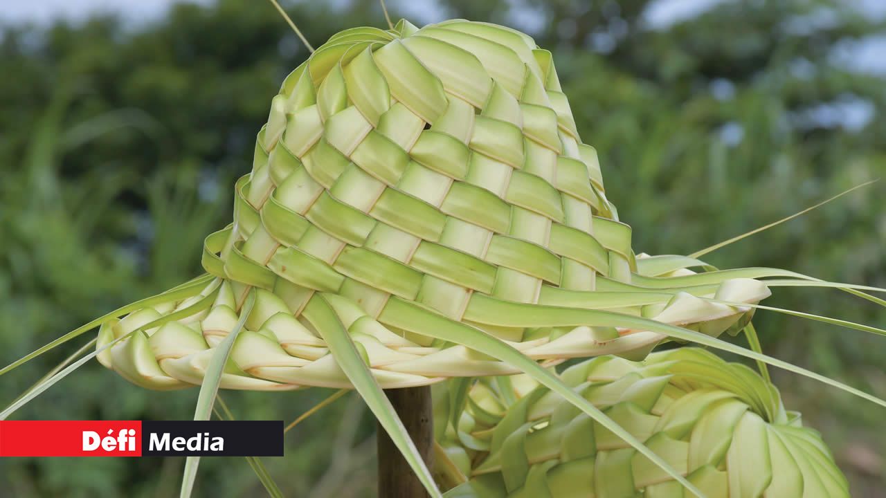 En bordure de route, des chapeaux, des paniers et d’autres produits artisanaux biodégradables sont fabriqués à partir de feuilles de coco avec une technique simple et précise.