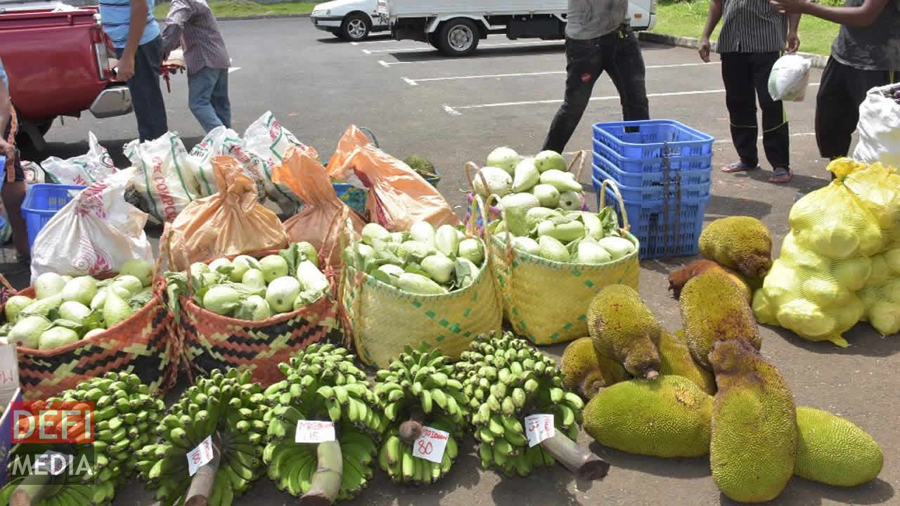 Des légumes sous le soleil ardent. Vente à l’encan à Flacq