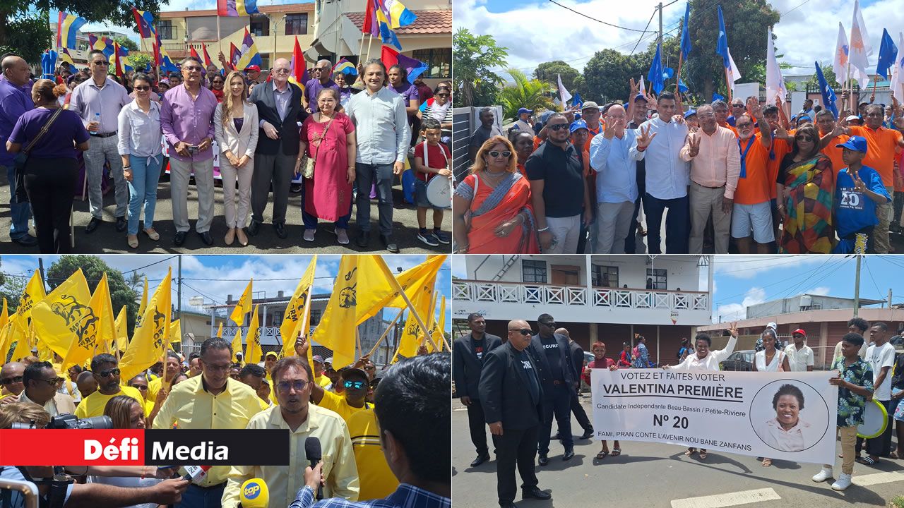 Les candidats de l’alliance  du Changement entourés  de leurs partisans dans leur fief, L’Alliance Lepep a mobilisé ses troupes mardi dans le cadre de l’exercice de dépôt de candidatures, Roshi  Bhadain a tenu à faire une démonstration de force mardi et L’entrée en fanfare de Valentina Première.  