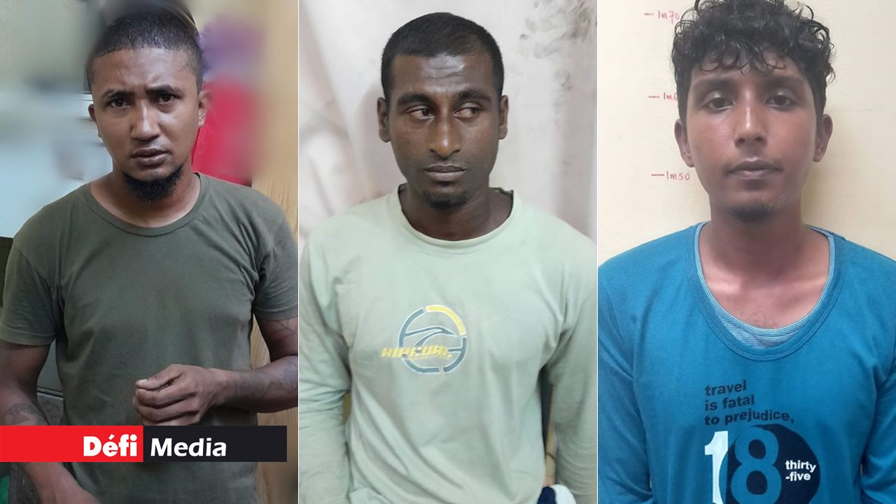 Les trois suspects : Jean-François Govinden, Arassen Mooroogiah et Javed Musafar Modabaccus.