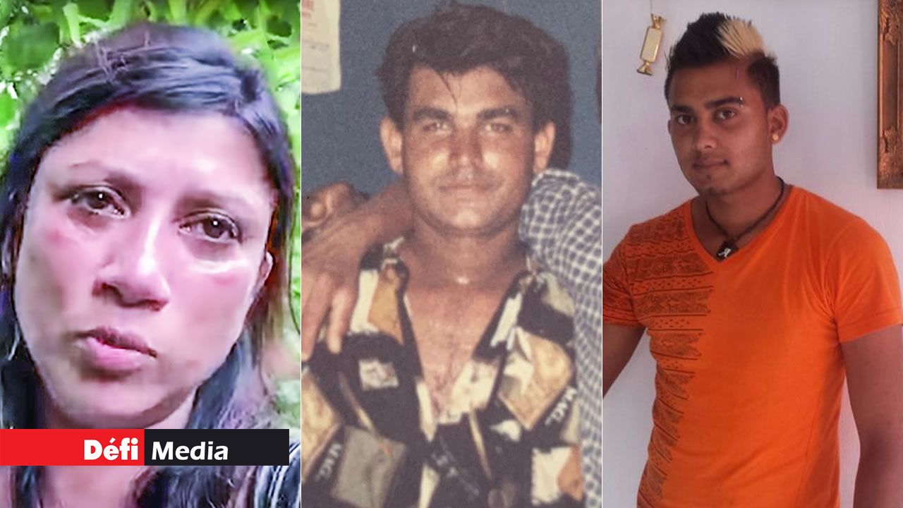 Indira, la mère du suspect, Hiteshwar Domun, la victime et Krishnaveer Domun, le suspect.