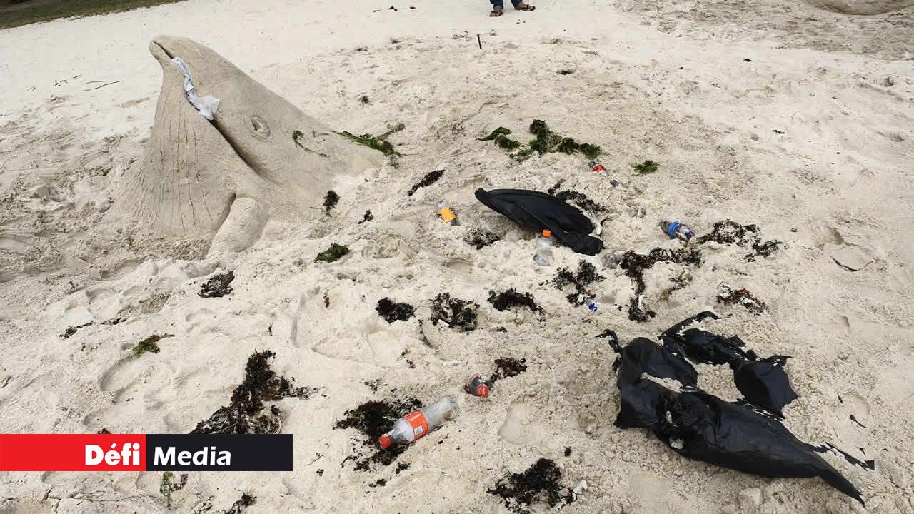 Une baleine bleue pour représenter l’impact de la pollution par le plastique sur l’environnement et les animaux marins.