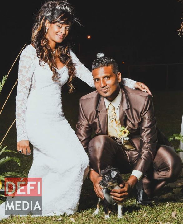 Pistache et ses maîtres le jour de leur mariage.