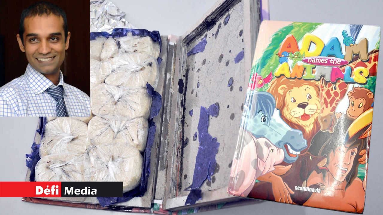 Les sachets d’héroïne dissimulés à l’intérieur du livre “Adam, Names the Animal”. Manish Nagah (en médaillon).