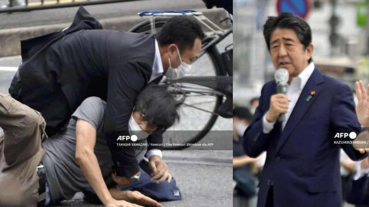 L'ancien Japonais Shinzo Abe lors d’une intervention au nom du candidat de son parti à l'élection de la Chambre des conseillers près de la gare de Yamato Saidaiji, dans la préfecture de Nara, le 8 juillet 2022, quelques secondes avant d'être abattu.  Un suspect a été arrêté 